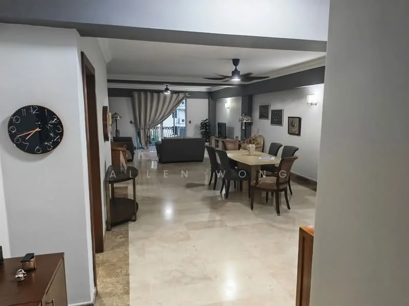 Living features: marble tile flooring, white painted walls, grey accent wall, 5-blade ceiling fan with light, sofa in beige, dining table with 6 chairs, decorative wall art, curtains, coffee table, TV console, floor-to-ceiling windows, balcony access, area rug; style: modern; view: garden.