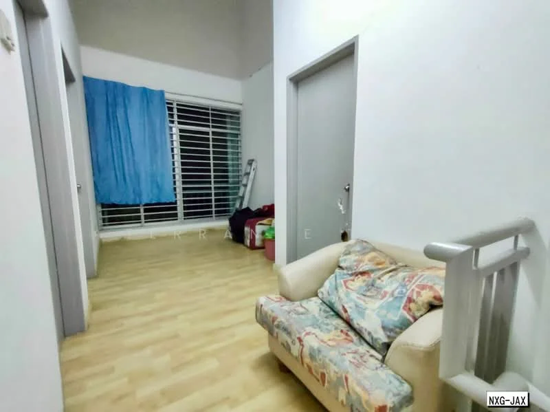 Room features: light wood laminate flooring, white painted walls, large sliding glass door, curtains in blue fabric, sofa with colorful upholstery, grey door, white door frame, ladder visible in background; style: modern.