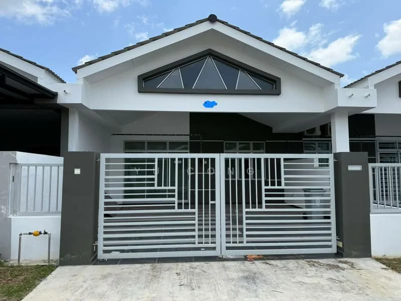 Exterior type: linked terrace house; features: white painted facade, grey accent wall, pitched tile roof, metal gate with geometric design, manicured lawn, concrete driveway, front porch area, large windows, gabled roof design; style: modern.