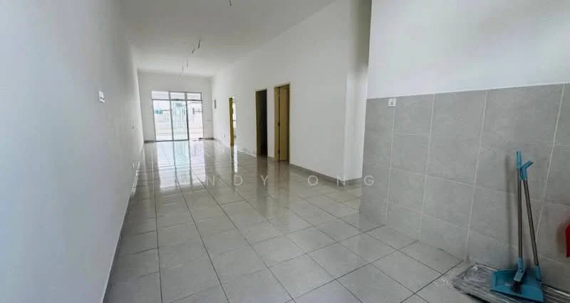 Room features: white painted walls, grey tiled flooring, large windows, double doors, single door, clean and minimalistic design, high ceiling, no visible furniture; style: modern.