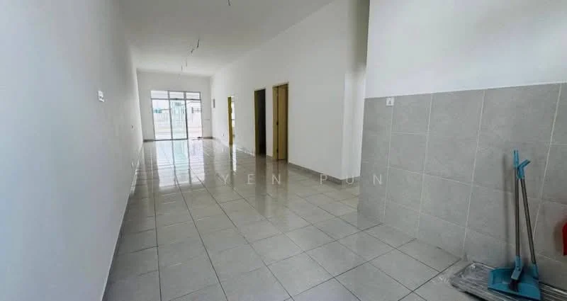 Room features: white painted walls, grey tiled flooring, large windows allowing natural light, doorways leading to other rooms, clean and minimalistic design, high ceiling, no visible furniture or decor, open layout; style: modern.