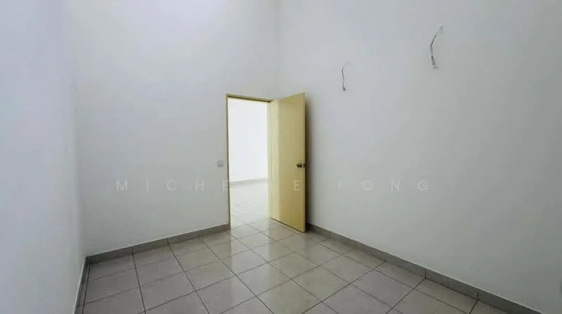 Room features: white painted walls, grey tiled flooring, single wooden door, two light fixtures on the wall, no visible windows; style: minimalist.