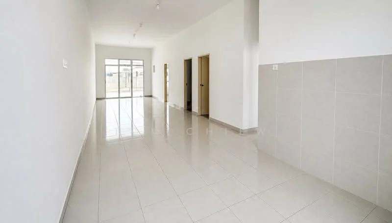 Room features: white painted walls, light grey tiled flooring, large windows allowing natural light, multiple doorways, high ceiling, recessed lighting, open layout, neutral color scheme; style: modern; view: garden.