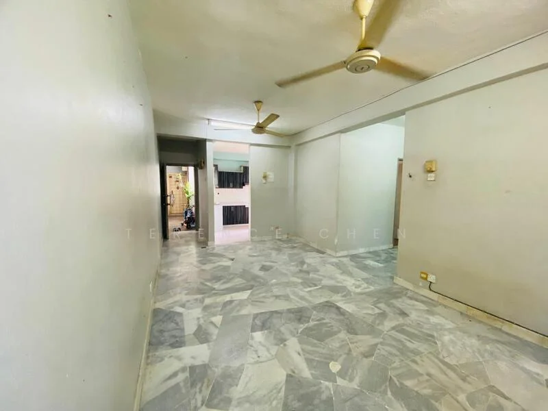 Living features: marble flooring, white painted walls, ceiling fan, wall-mounted light fixtures, open layout, large windows, neutral color scheme, access to hallway. Room features: white painted walls, marble flooring, ceiling fan.
