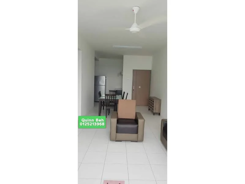 Living features: white painted walls, tile flooring, 5-blade ceiling fan, sofa in beige, coffee table, dining table with chairs, refrigerator, wooden sideboard, open layout, natural light from windows; style: modern.
