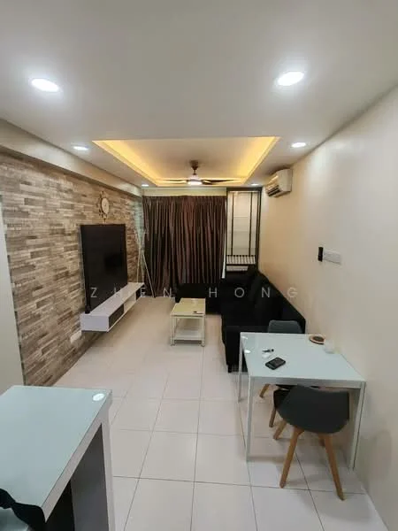 Living features: grey fabric sofa, white coffee table, black TV console, wall-mounted TV, stone accent wall, recessed ceiling lights, ceiling fan, curtains, tile flooring, air conditioning unit, decorative wall clock; style: modern.