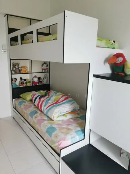 Bedroom features: bunk bed with white frame, colorful bedding with patterns, stuffed animals on shelves, built-in storage drawers under bed, white walls, white tiled flooring, decorative parrot figurine, open shelving with toys; style: modern.