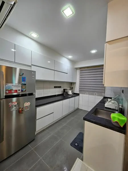 Kitchen features: white high-gloss cabinetry, black granite countertop, stainless-steel fridge, built-in microwave, stainless-steel sink, chrome pull-down faucet, ceramic tile backsplash, grey tile flooring, recessed LED downlights, roller blinds on window, kitchen island, open shelving; style: modern.