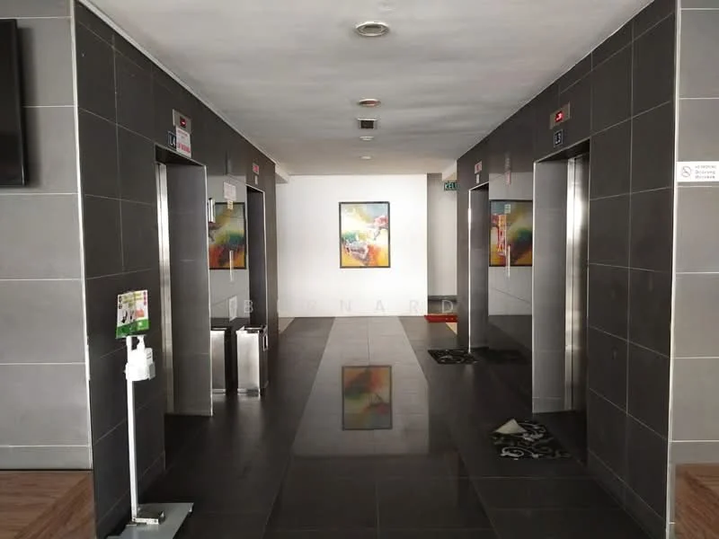 Room features: grey tiled flooring, white painted walls, elevator doors, elevator call buttons, framed artwork on wall, decorative mats in front of elevators, ceiling lights, wall-mounted signage; style: modern.