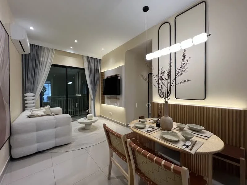 Living features: sofa with textured upholstery in white, coffee table with round top, dining table with wooden surface, 4 dining chairs with woven backs, wall-mounted TV, decorative wall paneling, recessed LED lighting, curtains in grey fabric, air conditioning unit, decorative vase with branches, neutral wall color, floor-to-ceiling glass door, tile flooring; style: modern; view: garden.