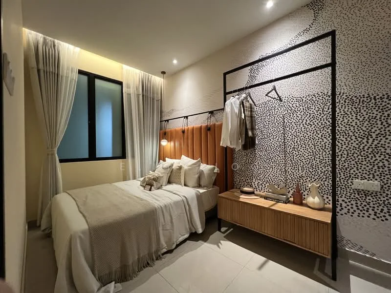 Bedroom features: queen-size bed with beige bedding, upholstered headboard, wooden bedside table, decorative vases on bedside table, hanging clothing rack, wall-mounted light fixtures, textured accent wall with black and white pattern, floor-to-ceiling window with sheer curtains, tile flooring, recessed downlights; style: modern.