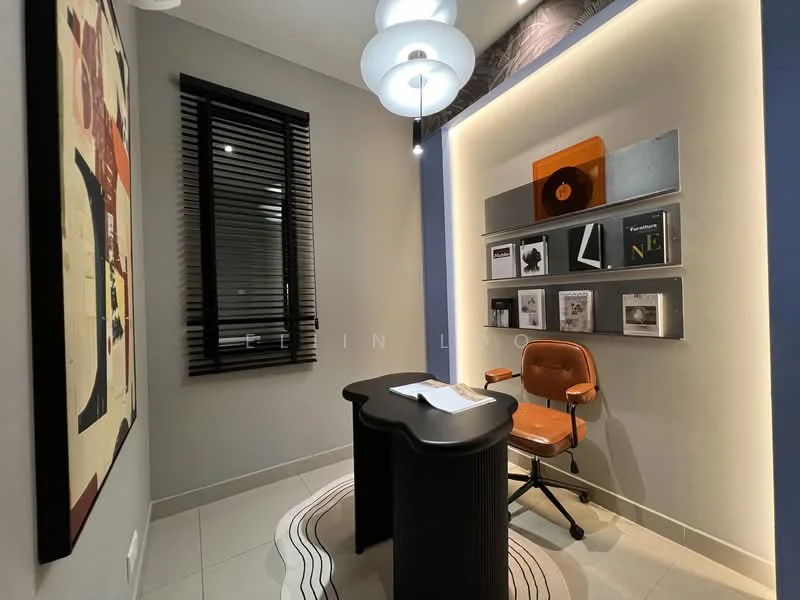 Study features: black round desk, orange office chair, framed artwork on wall, wall-mounted display with various frames, recessed lighting, pendant light fixture, grey painted walls, white tiled flooring, black window blinds; style: modern.