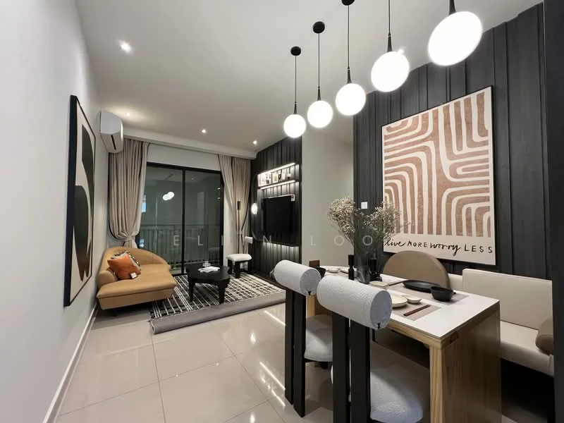 Living features: cream painted walls, dark wood accent wall, large floor-to-ceiling windows, sliding glass door, beige fabric sofa, black and white area rug, round dining table, 4 dining chairs, pendant lighting with multiple bulbs, decorative wall art, curtains, wall-mounted air conditioning unit, decorative vase with flowers; style: modern; view: garden.