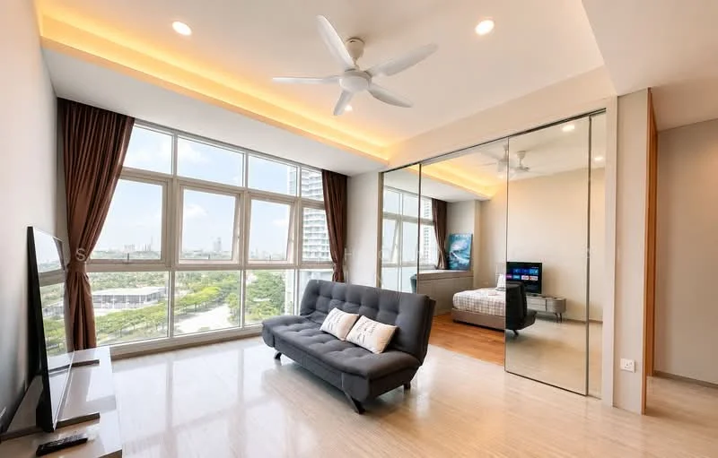 Living features: floor-to-ceiling windows, grey fabric sofa, wall-mounted TV, wooden flooring, recessed LED downlights, 5-blade ceiling fan, curtains, decorative wall art, mirrored wardrobe, area rug; style: modern; view: city.