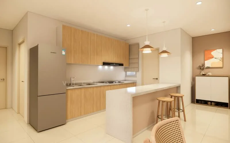 Kitchen features: light wood cabinetry, grey countertop, stainless-steel fridge, built-in oven, 4-burner gas hob, extraction hood, pendant lights, bar seating with stools, cream tiled flooring, neutral wall color, open layout, window above sink; style: modern.