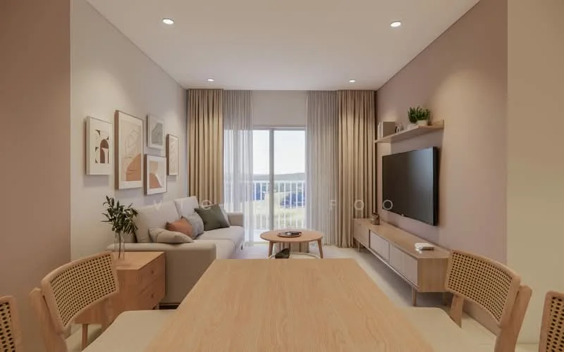 Living features: light beige painted walls, cream ceiling, recessed downlights, floor-to-ceiling windows, sheer curtains, light wood flooring, 3-seater fabric sofa in light grey, wooden coffee table, TV console with wall-mounted TV, decorative plants, framed artwork on walls, dining table with wooden chairs; style: modern; view: garden.