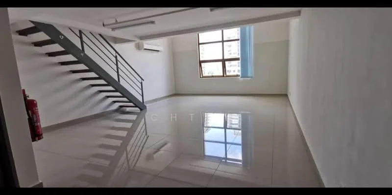 Room features: white painted walls, glossy ceramic tile flooring, large window with city view, exposed staircase with metal railing, 1 wall-mounted split AC, fire extinguisher, natural light from window, open layout; style: modern; view: city.