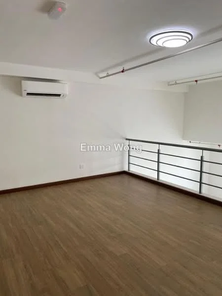 Room features: laminate flooring, white painted walls, exposed ceiling with recessed lighting, 1 wall-mounted split AC, railing with metal balustrade, ceiling light fixture; style: modern.