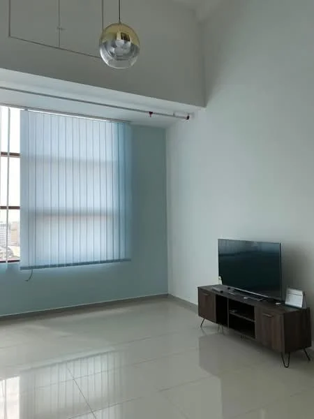 Living features: light grey painted walls, white ceiling, large floor-to-ceiling window, vertical blinds, glossy white tile flooring, wooden TV console, flat-screen TV, hanging pendant light; style: modern; view: city.
