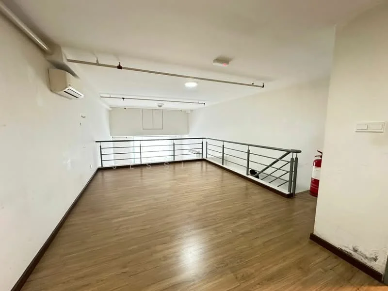 Room features: laminate flooring, white painted walls, recessed downlights, 1 wall-mounted split AC, metal railing, large windows, fire extinguisher, ceiling with exposed beams; style: modern.