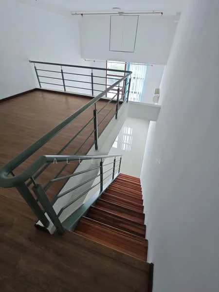 Room features: wooden staircase, metal railing, white painted walls, laminate flooring, large window, natural light, ceiling with exposed beams, air conditioning unit; style: modern.