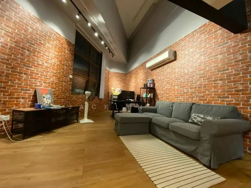 Living features: grey fabric sectional sofa, wooden coffee table, exposed brick accent wall, wooden flooring, recessed downlights, floor lamp, TV console, area rug with stripes, wall-mounted air conditioning unit; style: modern.