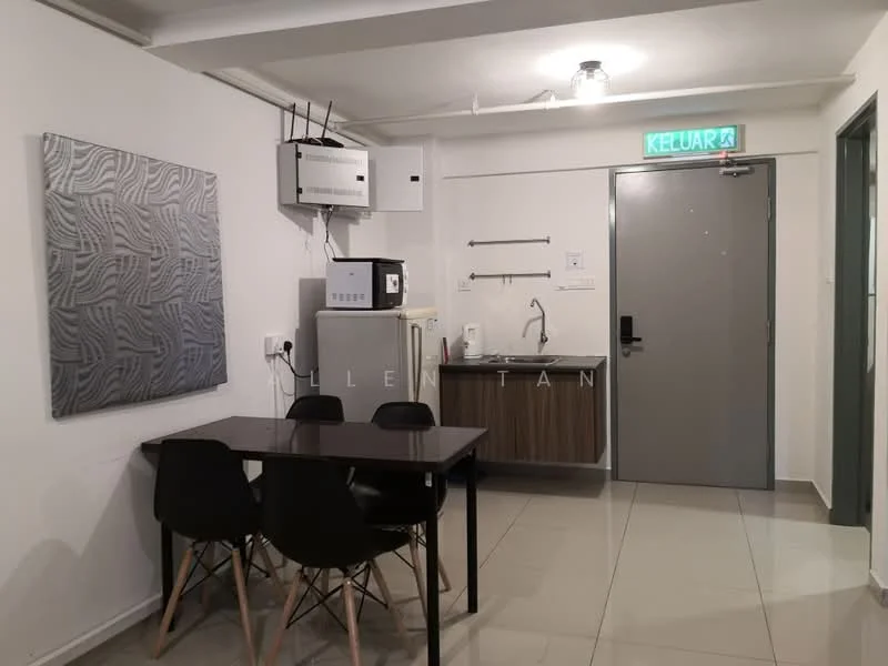 Dining features: 4-seater dining table, black dining chairs, white walls, tile flooring, recessed downlights, fridge, kitchenette with wood cabinetry, sink, wall-mounted air conditioning unit, door to exterior; style: modern.