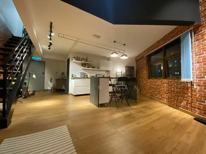 Living features: exposed brick wall, wood laminate flooring, recessed downlights, pendant lighting, large windows with blinds, open-plan layout, kitchen island, bar stools, stainless-steel appliances, staircase leading to upper level; style: modern; view: city.