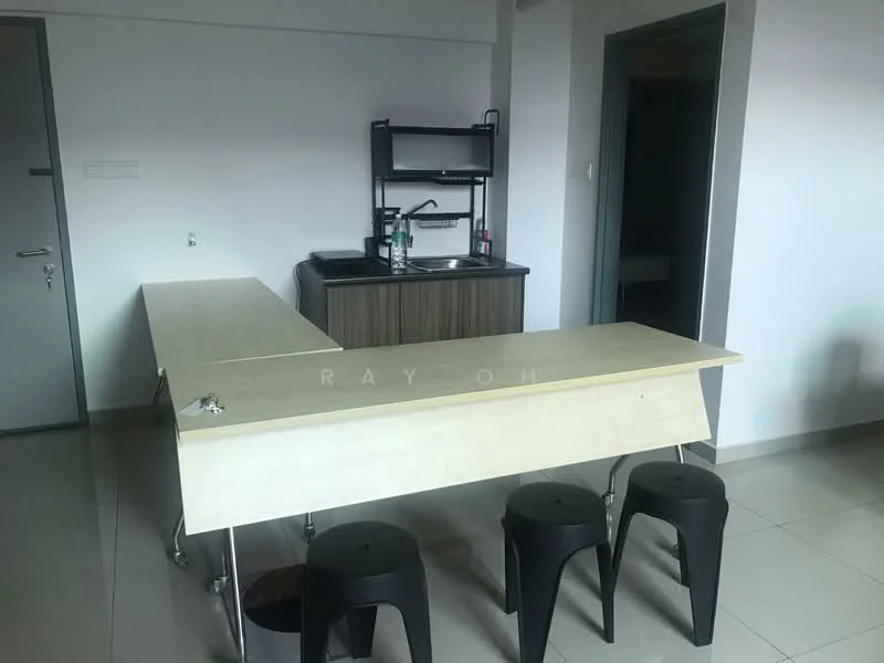 Kitchen features: bar counter with stools, single-bowl stainless-steel sink, chrome pull-down faucet, wood cabinetry, open shelving, tile flooring, neutral wall color, recessed lighting; style: modern.