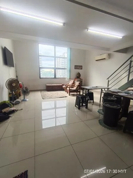 Living features: large floor-to-ceiling window, white painted walls, polished ceramic tile flooring, sofa chairs, coffee table, TV mounted on wall, ceiling fan, area rug, decorative wall art, side table, air conditioning unit; style: modern; view: city.