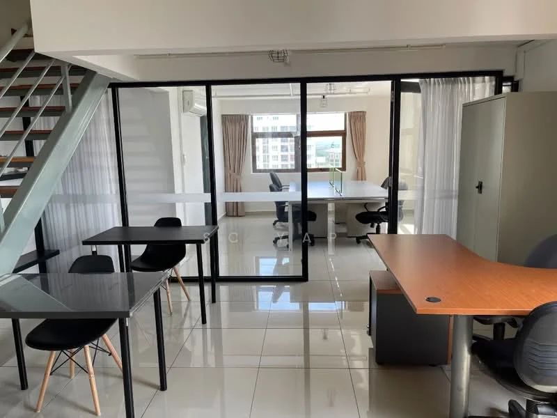 Room features: glass partition wall, white walls, tile flooring, large windows, curtains, multiple desks, office chairs, air conditioning unit, ceiling lights, staircase, open layout; style: modern; view: city.