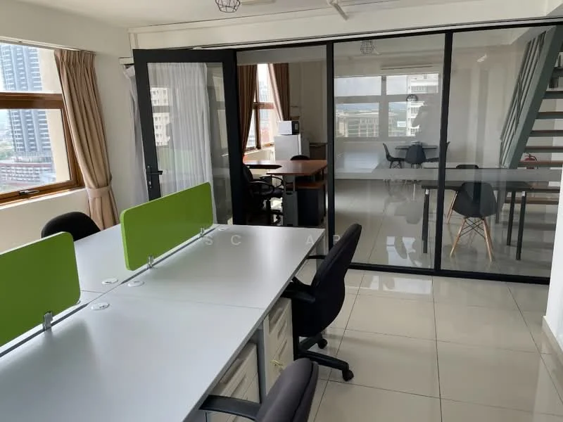 Room features: glass partition walls, white tiled flooring, large windows with city view, wooden staircase, modern office desks, black office chairs, green desk dividers, natural light from windows, curtains on windows; style: modern; view: city.