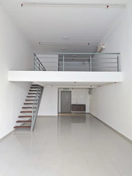 Room features: white painted walls, polished ceramic tile flooring, open space layout, staircase with wooden steps and metal railing, ceiling lights, air conditioning unit, double-door entrance, balcony railing on upper level; style: modern.