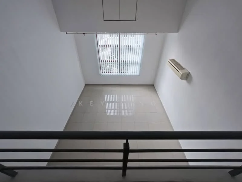 Room features: white painted walls, glossy ceramic tile flooring, ceiling with recessed lights, floor-to-ceiling windows, vertical blinds on windows, 1 wall-mounted split AC; style: modern.