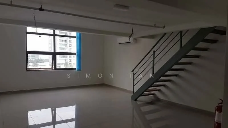 Room features: large windows, natural light, white painted walls, polished floor tiles, exposed ceiling, staircase with metal railing, air conditioning unit, fire extinguisher, open layout; style: modern; view: city.