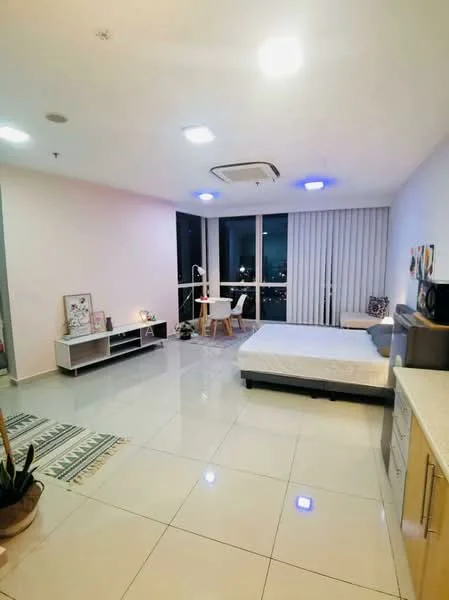 Room features: white painted walls, glossy tile flooring, recessed downlights, floor-to-ceiling windows, roller blinds, split air conditioning unit, built-in wardrobe, TV console, dining table for two, decorative area rug, plant in ceramic pot; style: modern; view: city.