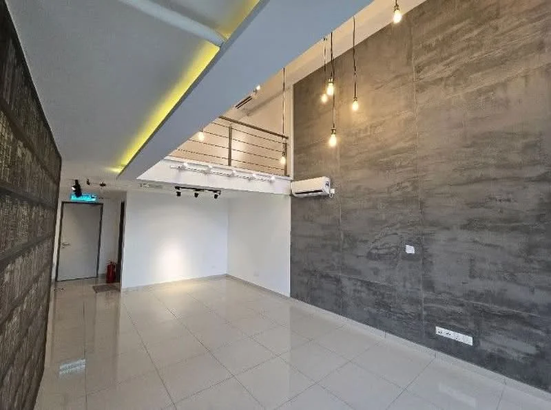 Room features: grey accent wall, white painted walls, polished tile flooring, exposed light bulbs hanging from ceiling, 1 wall-mounted split AC, track lighting, ceiling with recessed lighting; style: modern.