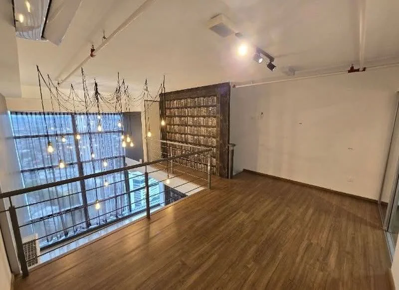 Room features: wooden flooring, large floor-to-ceiling windows, hanging pendant lights, exposed ceiling with track lighting, decorative wall with textured finish, open space layout, metal railing, neutral painted walls; style: modern; view: city.