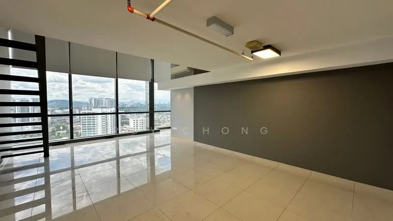 Living features: floor-to-ceiling windows, grey accent wall, white painted walls, polished marble flooring, recessed downlights, exposed ceiling beams, open layout, city view; style: modern; view: city.