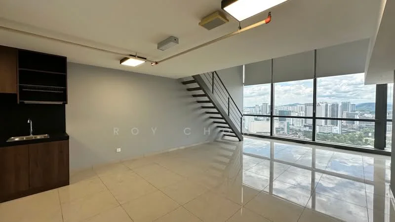 Living features: large floor-to-ceiling windows, city skyline view, polished ceramic tile flooring, grey painted walls, exposed ceiling with lights, staircase leading to upper level, kitchenette with dark cabinetry, single-bowl stainless-steel sink; style: modern; view: city.