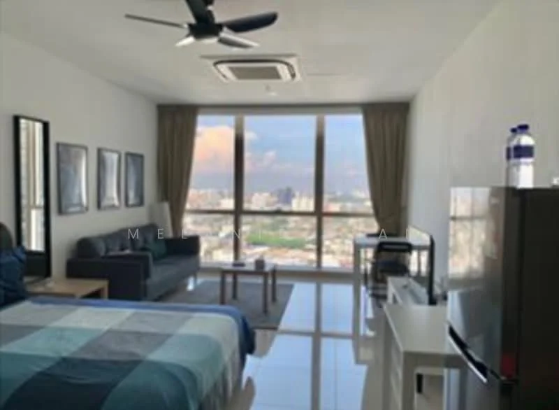 Living features: floor-to-ceiling windows, city view, 3-seater fabric sofa in dark grey, coffee table, TV console, wall-mounted TV, recessed downlights, ceiling fan, white painted walls, glossy tile flooring, decorative artwork on walls, curtains, air conditioning unit; style: modern.