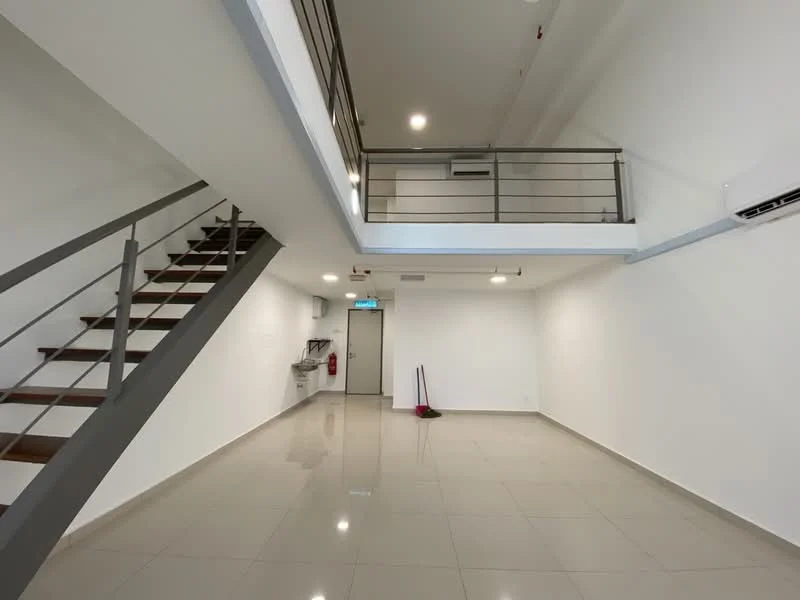 Room features: white painted walls, polished ceramic tile flooring, staircase with metal railing, recessed downlights, wall-mounted split AC, fire extinguisher, open space layout, high ceiling; style: modern.