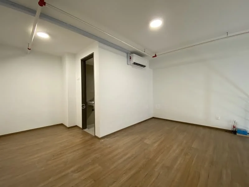 Room features: white painted walls, laminate flooring, 1 wall-mounted split AC, recessed downlights, door leading to bathroom, exposed ceiling pipes; style: modern.