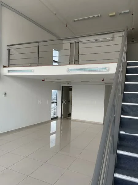 Room features: open space layout, white painted walls, glossy tile flooring, metal railing on balcony, staircase with carpeted steps, recessed ceiling lights, air conditioning unit, large windows for natural light; style: modern; view: city.