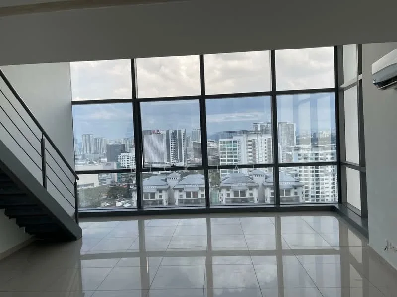Room features: large floor-to-ceiling windows, city skyline view, white painted walls, polished tile flooring, exposed concrete ceiling, 1 wall-mounted split AC, staircase with metal railing; style: modern; view: city.