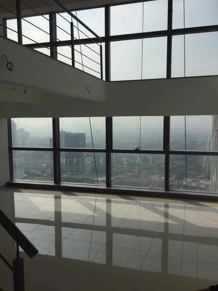 Room features: floor-to-ceiling windows, city view, polished tile flooring, white painted walls, open space layout, high ceiling, metal railing, natural light; style: modern; view: city.