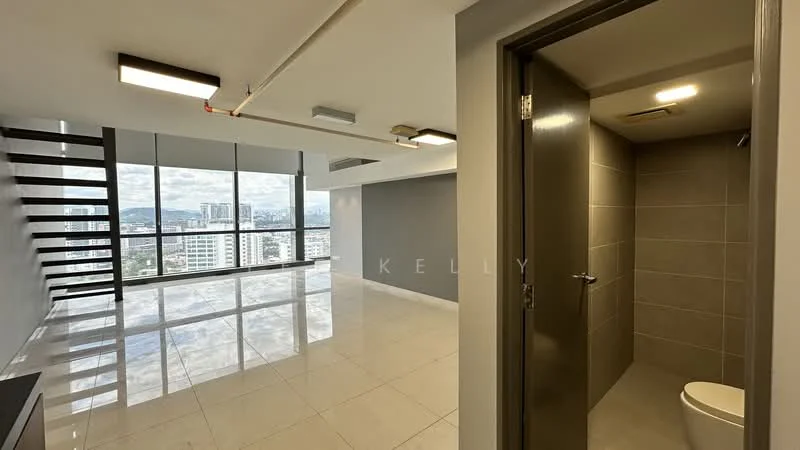 Living features: large floor-to-ceiling windows, grey painted walls, white tiled flooring, recessed LED downlights, open layout, city view, exposed ceiling beams, air conditioning unit; style: modern; view: city. Bathroom features: one-piece toilet, grey tile cladding, chrome basin mixer, framed mirror, recessed lighting; style: modern.
