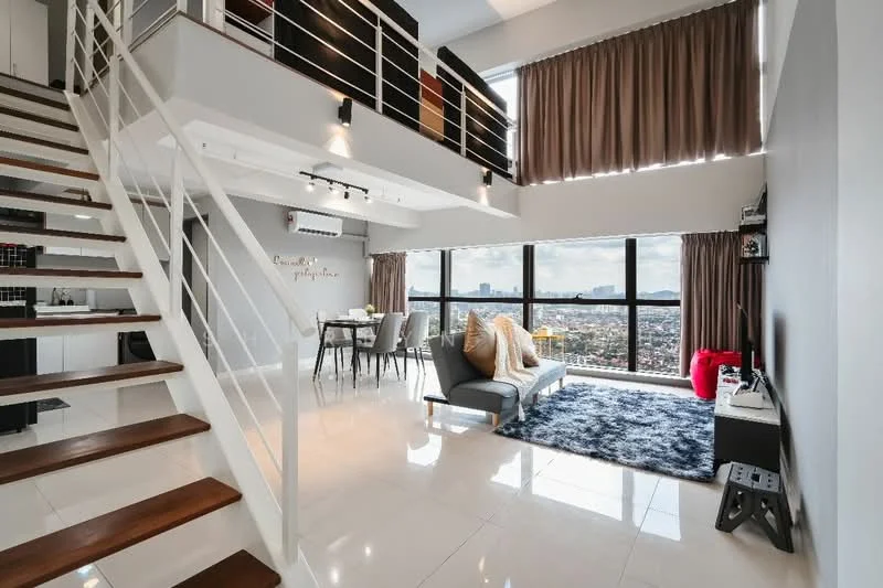 Living features: grey fabric sofa, area rug with geometric pattern, wall-mounted TV, coffee table, floor-to-ceiling windows, curtains, recessed downlights, wooden flooring, decorative cushions, open-plan layout, air conditioning unit; style: modern; view: city. Dining features: 6-seater dining table, upholstered dining chairs, decorative wall art, shelving unit, light fixture; style: modern; view: city.