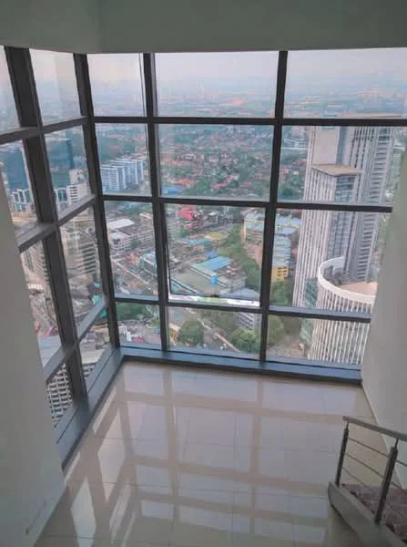 Room features: floor-to-ceiling windows, city view, glossy tile flooring, white painted walls, staircase, open space, natural light; style: modern; view: city.