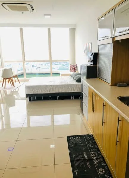 Room features: large floor-to-ceiling windows, white walls, glossy tile flooring, queen-size bed, upholstered headboard, sofa, kitchenette with wooden cabinetry, stainless-steel fridge, built-in microwave, countertop with sink, bar stool, decorative wall art; style: modern; view: city.